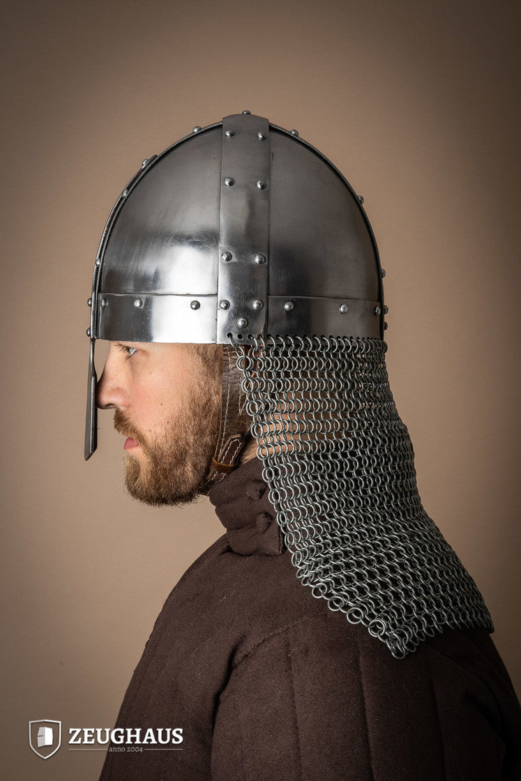 Nasal Spangenhelmet with Aventail, featuring a polished finish, leather lining, and linked chainmail aventail for neck protection.
