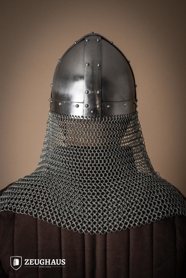 Nasal Spangenhelmet with Aventail, featuring a polished finish, leather lining, and linked chainmail aventail for neck protection.