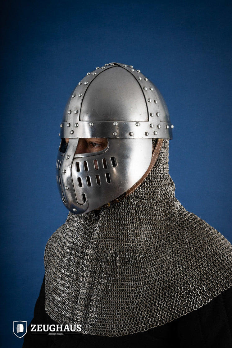 Norman Faceplate Spangenhelm with polished finish and chin-strap, showcasing medieval design and slits for breathability.