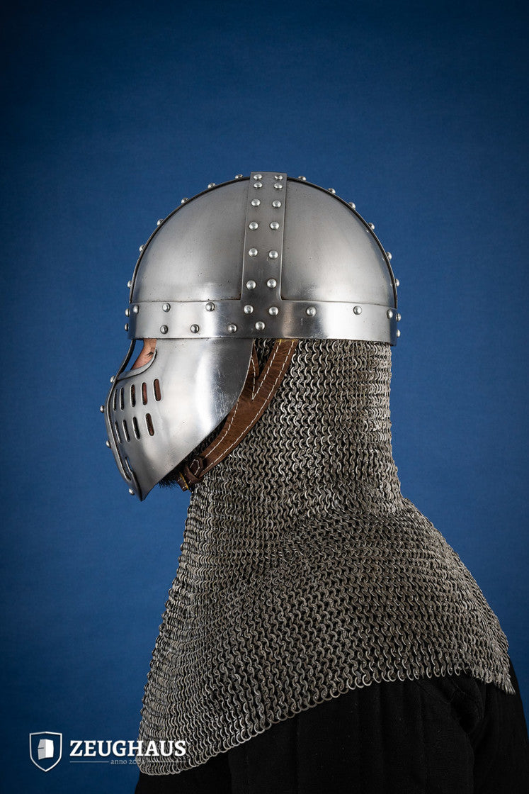 Norman Faceplate Spangenhelm with polished finish and chin-strap, showcasing medieval design and slits for breathability.
