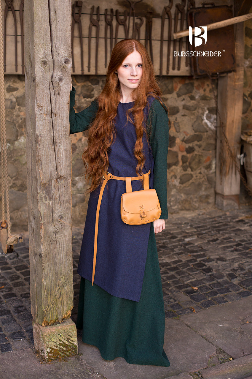 Over Dress Haithabu Blue, a Viking-inspired women's dress made from coarse woven cotton with side lacing for comfort and flexibility.