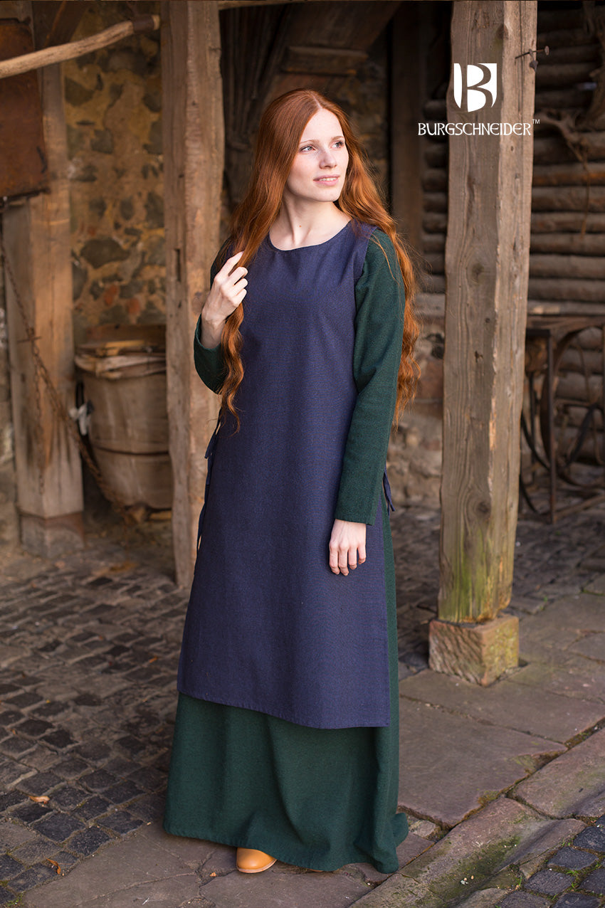 Over Dress Haithabu Blue, a Viking-inspired women's dress made from coarse woven cotton with side lacing for comfort and flexibility.