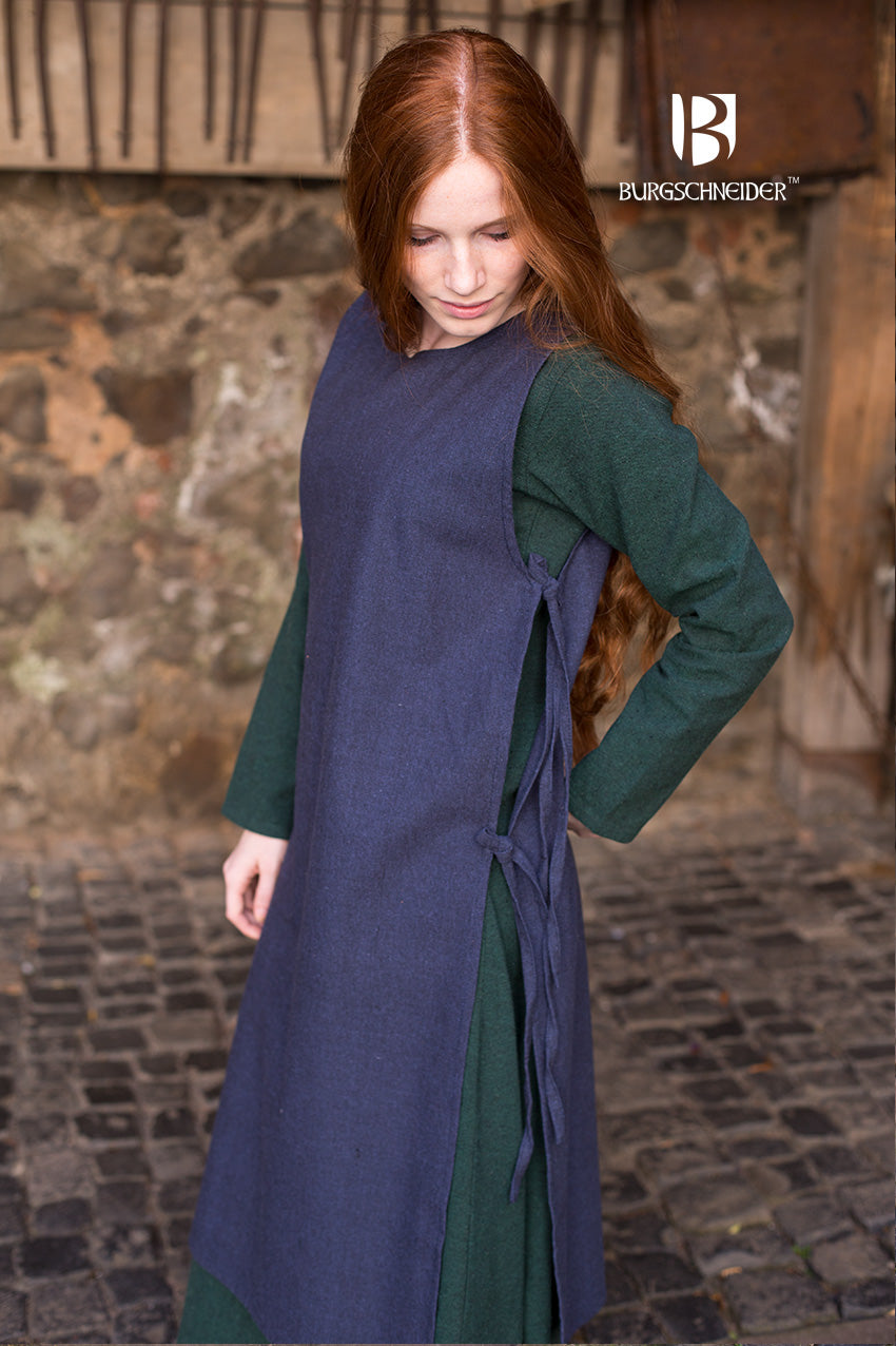 Over Dress Haithabu Blue, a Viking-inspired women's dress made from coarse woven cotton with side lacing for comfort and flexibility.
