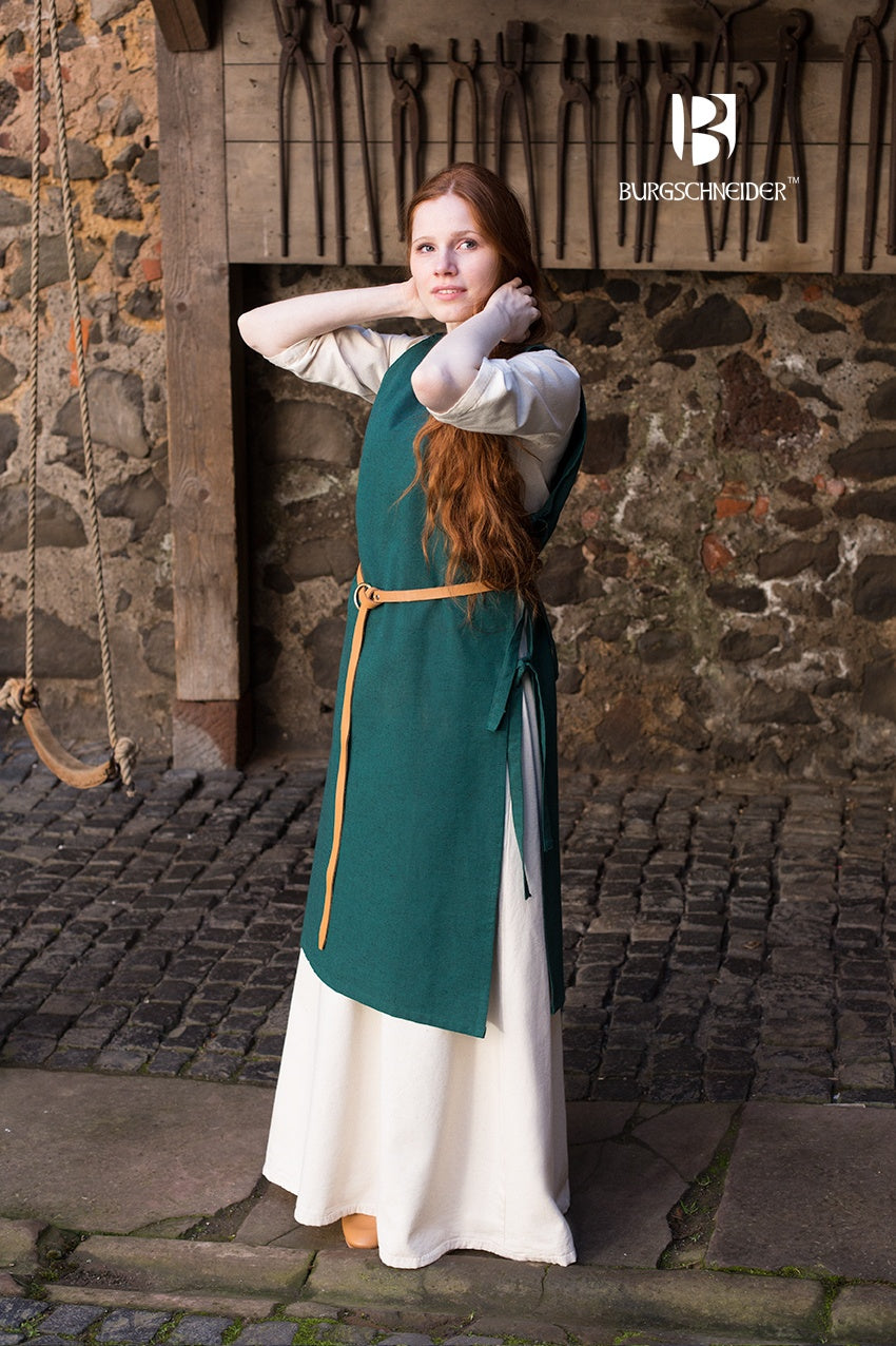 Over Dress Haithabu in Green, featuring lacing on both sides and made from coarse woven 100% uncombed cotton, showcasing Viking-inspired design.
