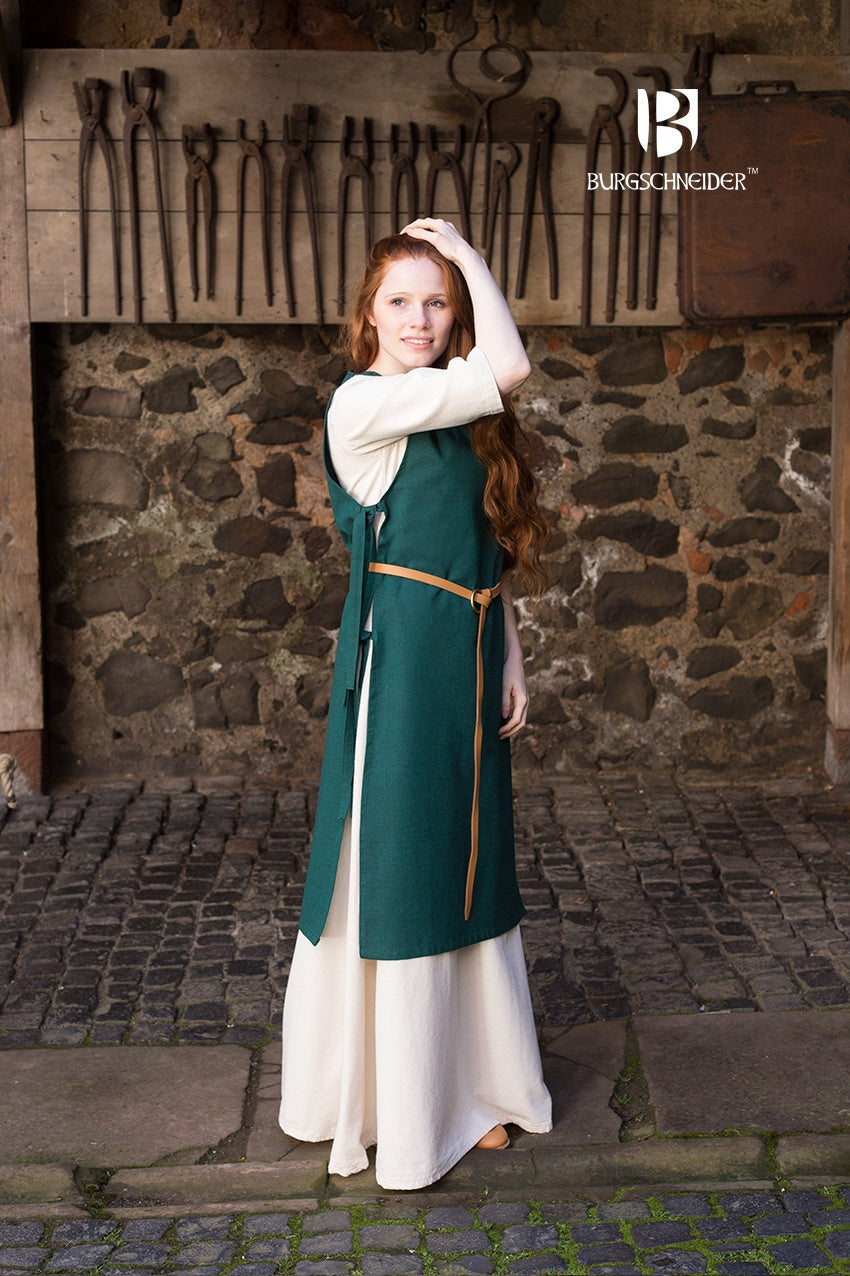 Over Dress Haithabu in Green, featuring lacing on both sides and made from coarse woven 100% uncombed cotton, showcasing Viking-inspired design.