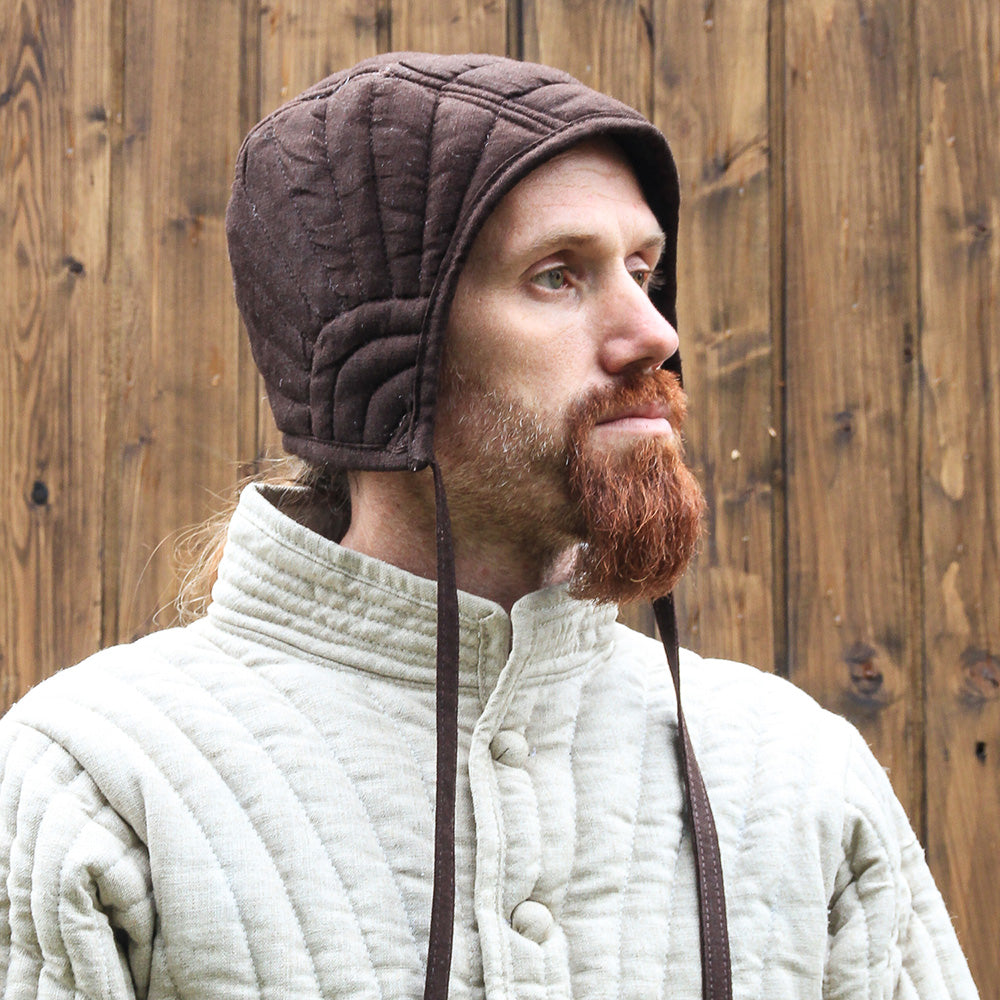 Padded Cap Eisenbrück in brown with black lining, designed for helmet wearers in LARP combat, featuring a comfortable fit and quality materials.