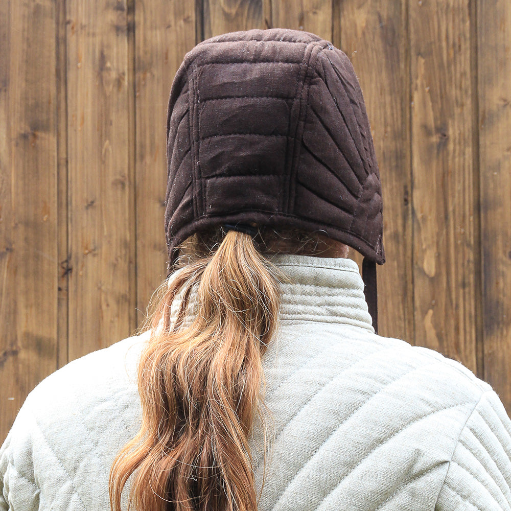 Padded Cap Eisenbrück in brown with black lining, designed for helmet wearers in LARP combat, featuring a comfortable fit and quality materials.
