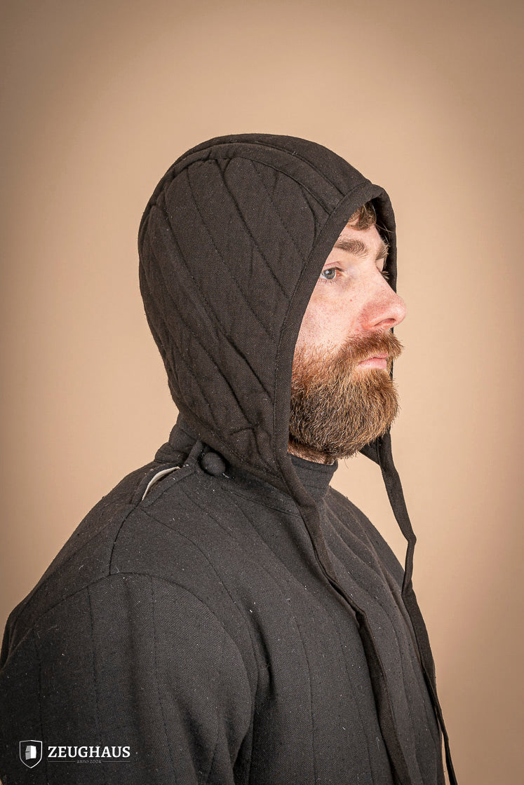 A black padded coif designed for warriors, made from cotton and polyester, providing comfort and protection during combat.