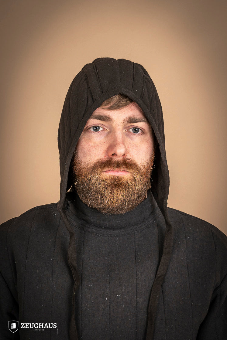 A black padded coif designed for warriors, made from cotton and polyester, providing comfort and protection during combat.