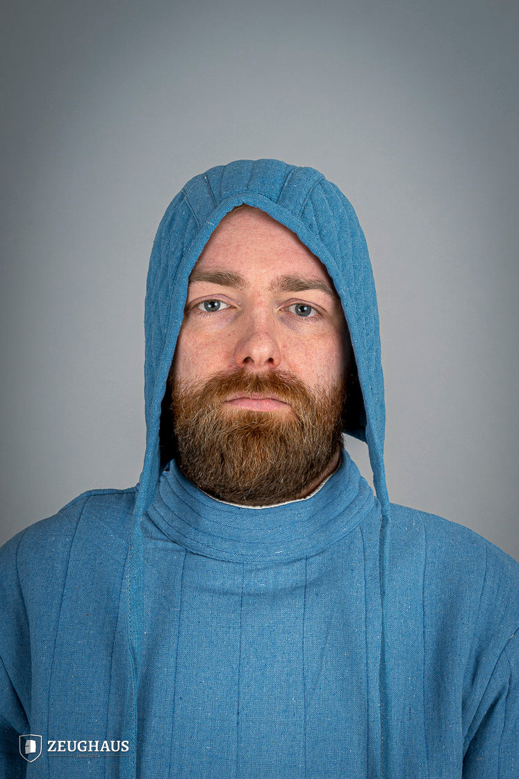 A blue padded coif designed for warriors, made from cotton and polyester, providing comfort and protection during combat.