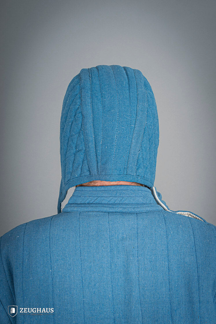 A blue padded coif designed for warriors, made from cotton and polyester, providing comfort and protection during combat.
