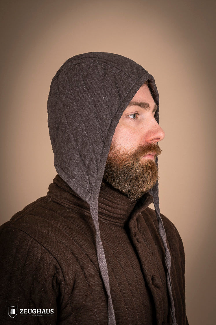 Brown padded coif designed for head protection, made from cotton and polyester, suitable for warriors in battle.