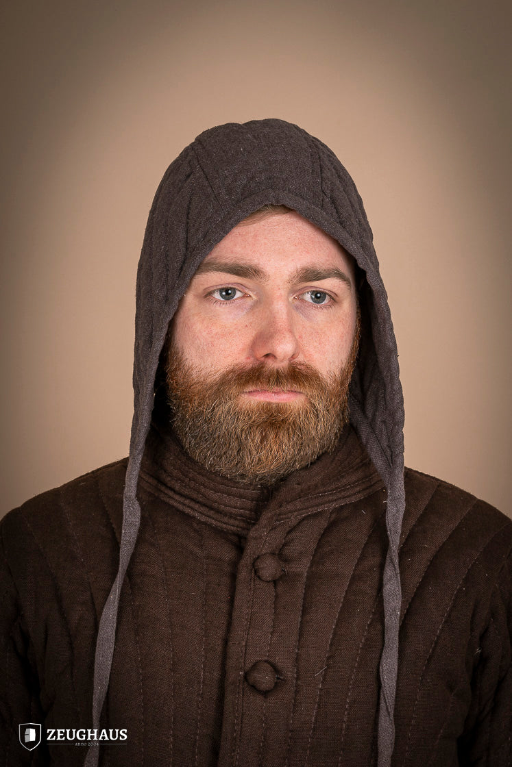 Brown padded coif designed for head protection, made from cotton and polyester, suitable for warriors in battle.