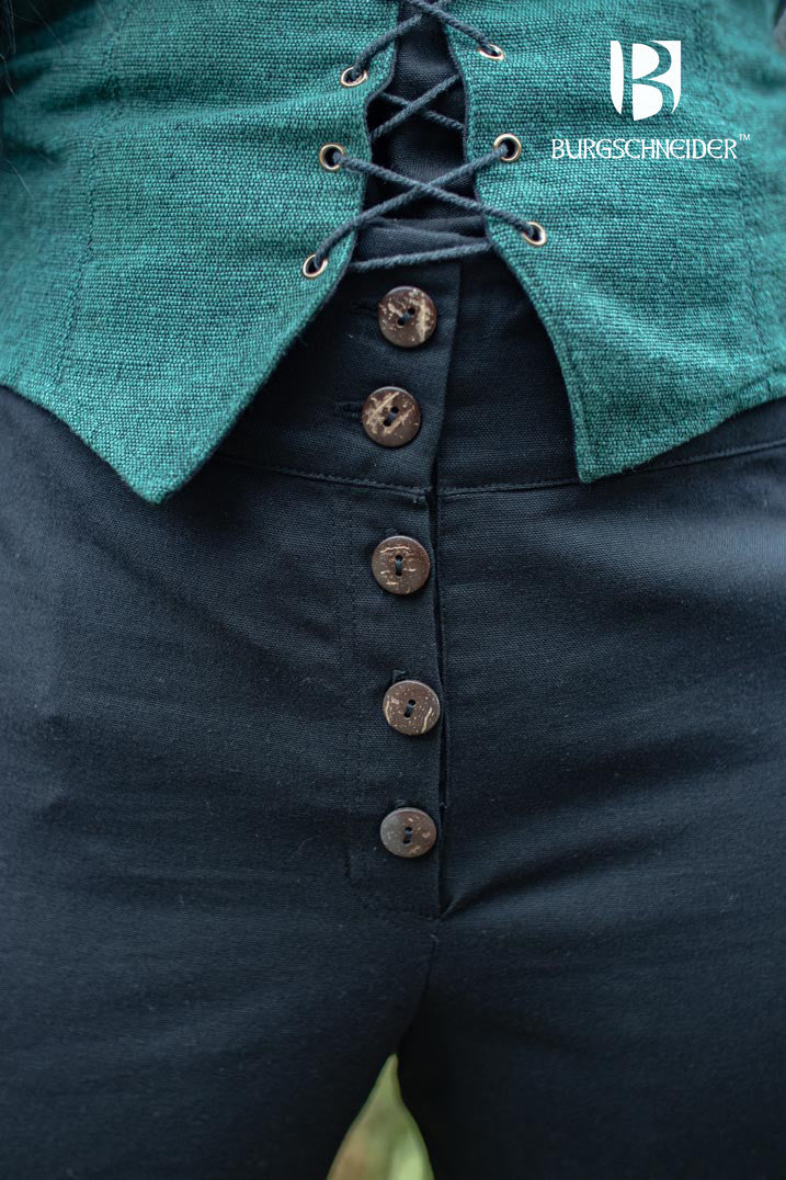 Kerga Black Pants made from 100% cotton, featuring laces at the ankles, stylish buttons, and pockets, perfect for medieval and fantasy events.