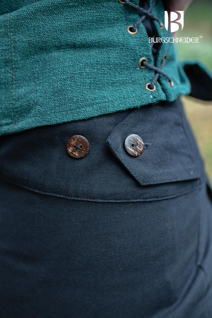 Kerga Black Pants made from 100% cotton, featuring laces at the ankles, stylish buttons, and pockets, perfect for medieval and fantasy events.