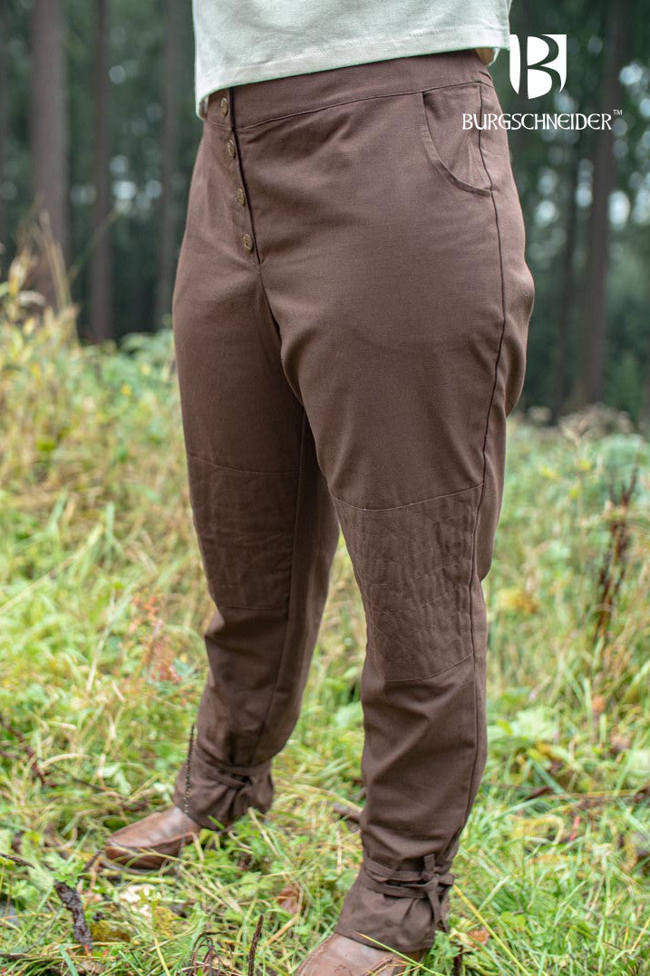 Kerga Brown Pants made from 100% cotton, featuring laces at the ankles and buttons down the front, ideal for medieval and fantasy events.