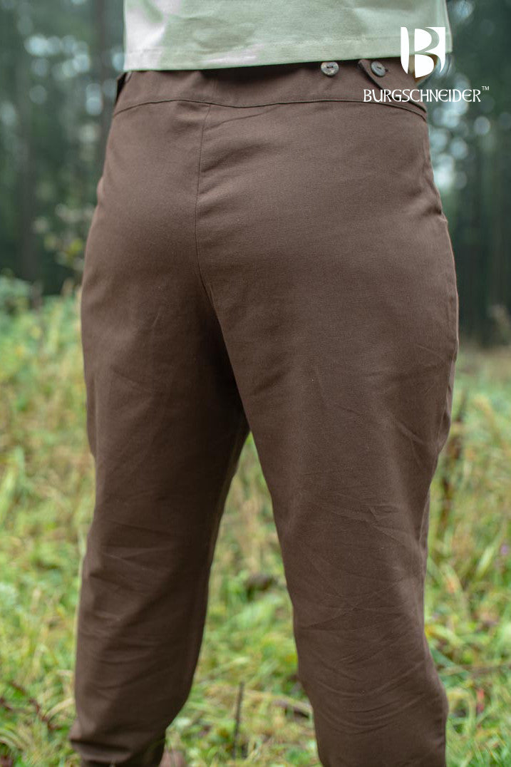 Kerga Brown Pants made from 100% cotton, featuring laces at the ankles and buttons down the front, ideal for medieval and fantasy events.