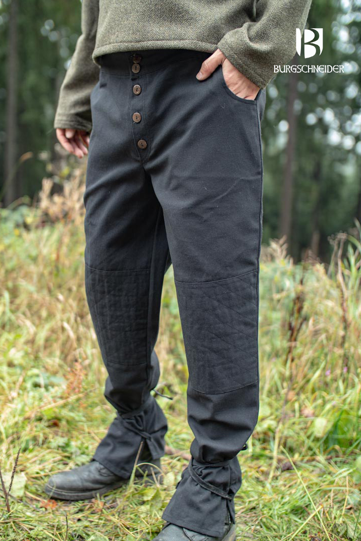 Kergon Black Pants made from 100% cotton, featuring ankle laces, buttons, and pockets, ideal for medieval and fantasy events.