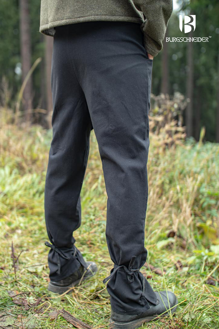 Kergon Black Pants made from 100% cotton, featuring ankle laces, buttons, and pockets, ideal for medieval and fantasy events.