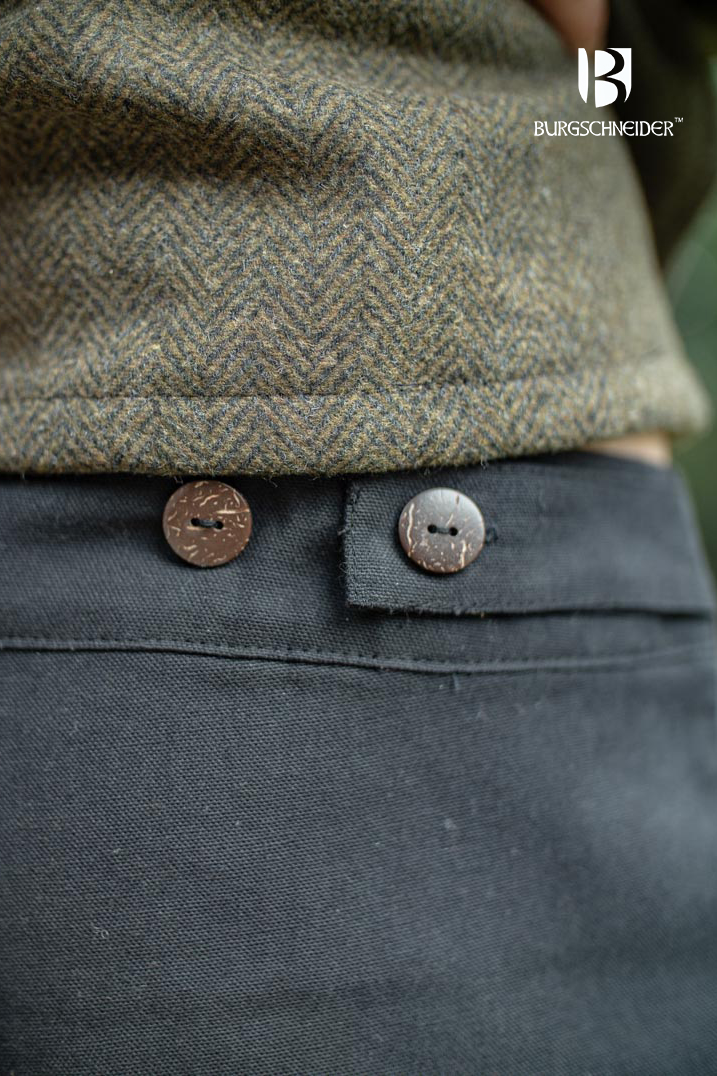 Kergon Black Pants made from 100% cotton, featuring ankle laces, buttons, and pockets, ideal for medieval and fantasy events.