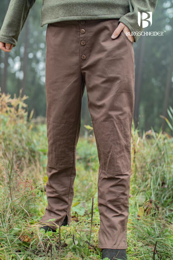 Kergon Brown Pants made from 100% cotton, featuring ankle laces, buttons, and pockets, perfect for medieval and fantasy events.