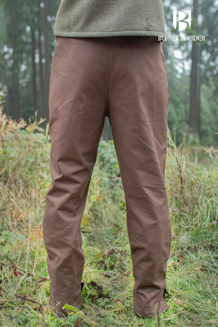 Kergon Brown Pants made from 100% cotton, featuring ankle laces, buttons, and pockets, perfect for medieval and fantasy events.