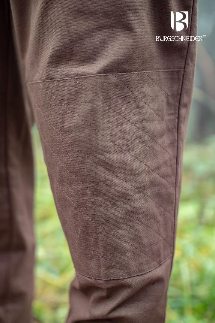 Kergon Brown Pants made from 100% cotton, featuring ankle laces, buttons, and pockets, perfect for medieval and fantasy events.