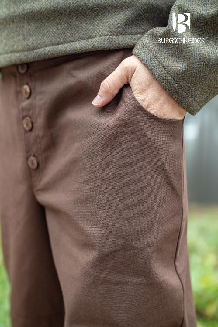 Kergon Brown Pants made from 100% cotton, featuring ankle laces, buttons, and pockets, perfect for medieval and fantasy events.
