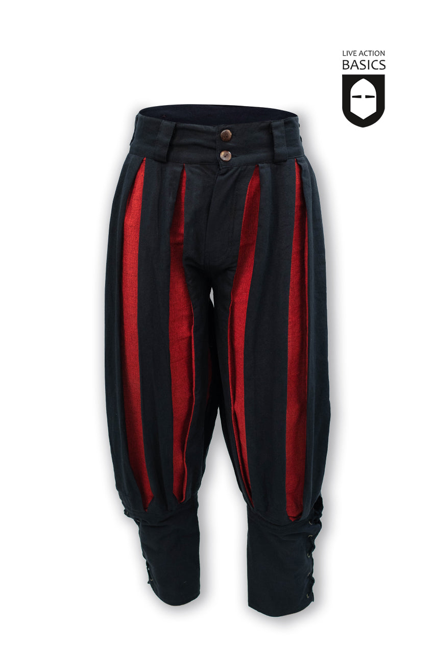 Black Red Striped Landsknecht Pants featuring adjustable fit and lacing cuffs for historical reenactments.