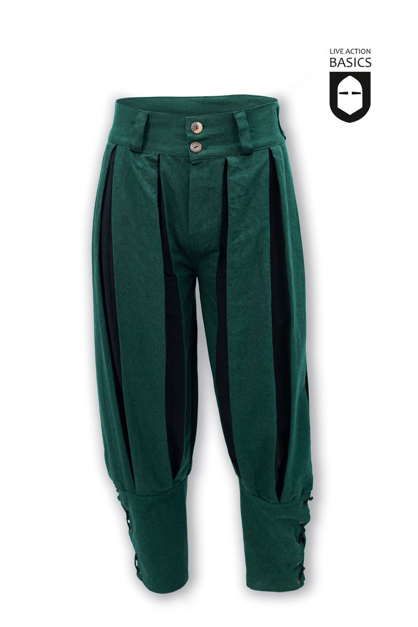Green and black striped Landsknecht pants featuring vertical buttons, belt loops, and lacing with ringlets at the cuffs.