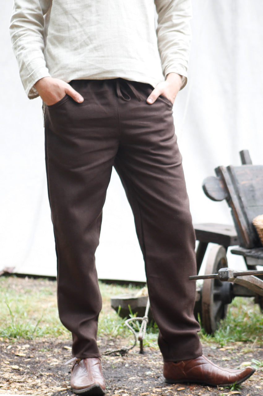 Pants Rubus Brown featuring a straight cut, drawstring closure, and practical pockets, made from 100% cotton for comfort and flexibility.