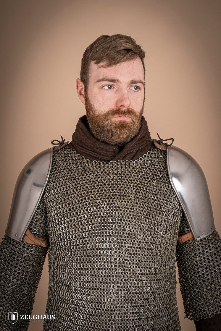 Polished steel pauldrons from 1350-1425, showcasing intricate craftsmanship and historical design.