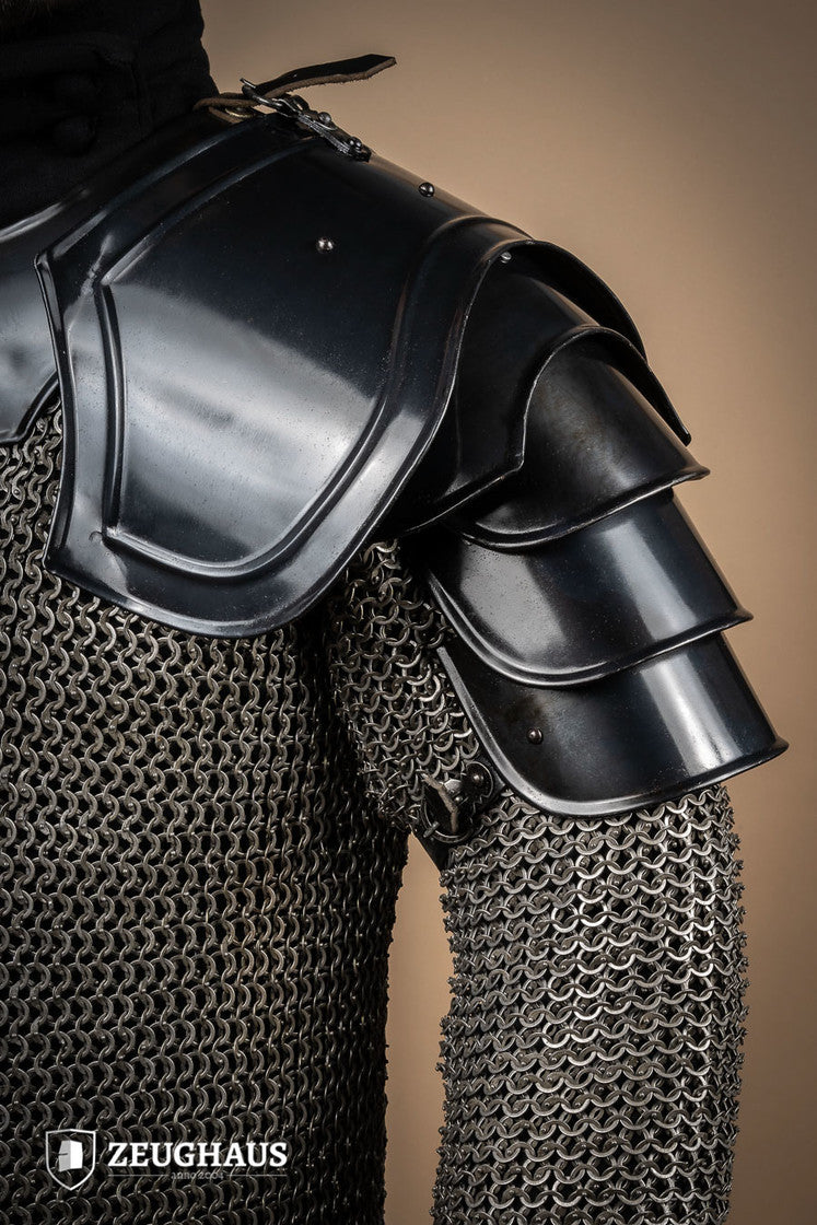 Burnished Warrior Pauldrons featuring four-part upper arm plates and robust buckles for secure fit.