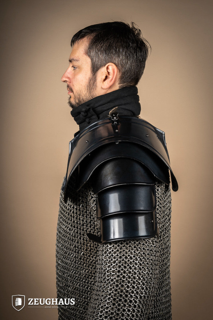 Burnished Warrior Pauldrons featuring four-part upper arm plates and robust buckles for secure fit.