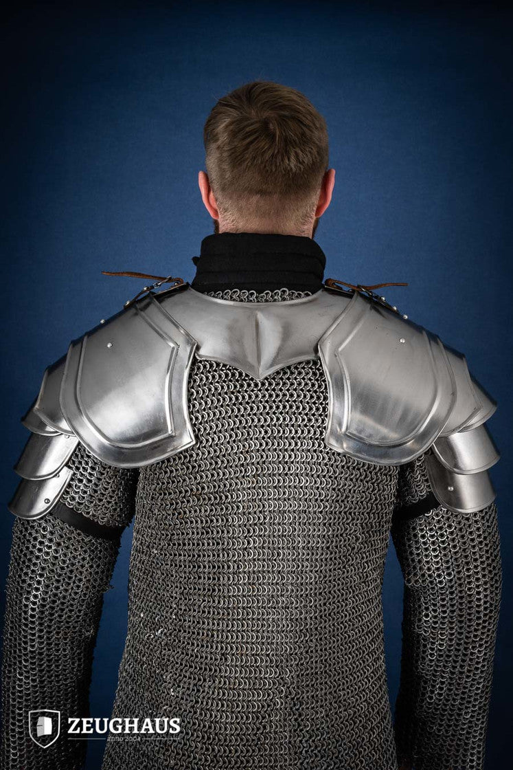 Polished Warrior Pauldrons made from genuine leather, featuring a four-part upper arm thrust design for protection and mobility.