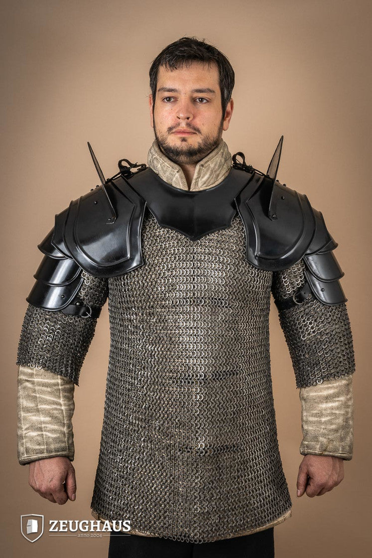 Burnished Warrior Pauldrons with Bladebreakers showcasing four-part upper arm plates and adjustable leather straps.