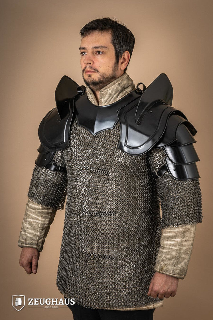 Burnished Warrior Pauldrons with Bladebreakers showcasing four-part upper arm plates and adjustable leather straps.