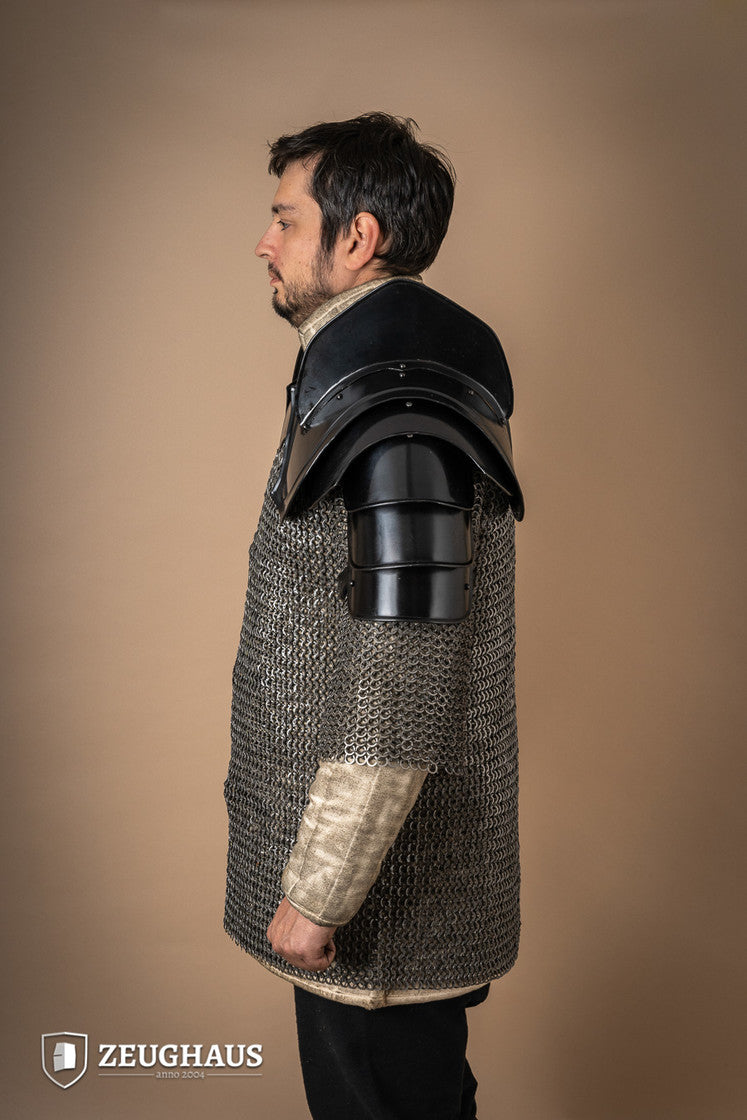 Burnished Warrior Pauldrons with Bladebreakers showcasing four-part upper arm plates and adjustable leather straps.