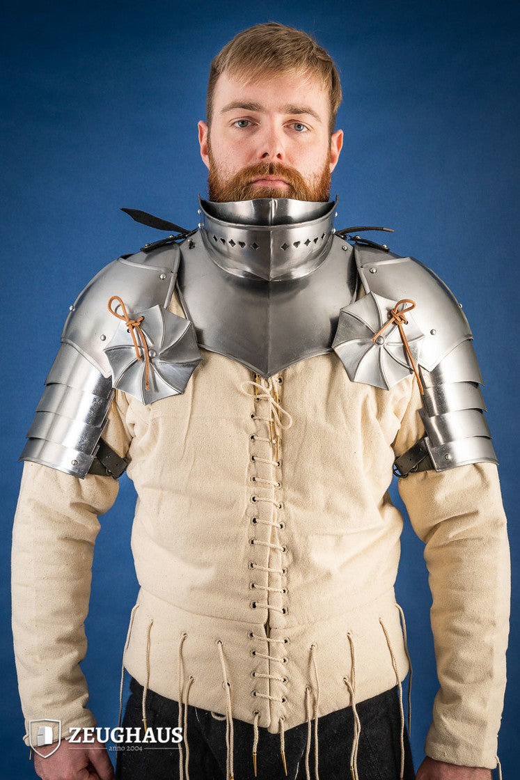 15th Century Pauldrons with Besagew, polished steel, featuring rosette-shaped hover discs and leather straps for secure fit.