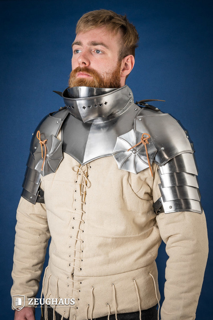 15th Century Pauldrons with Besagew, polished steel, featuring rosette-shaped hover discs and leather straps for secure fit.