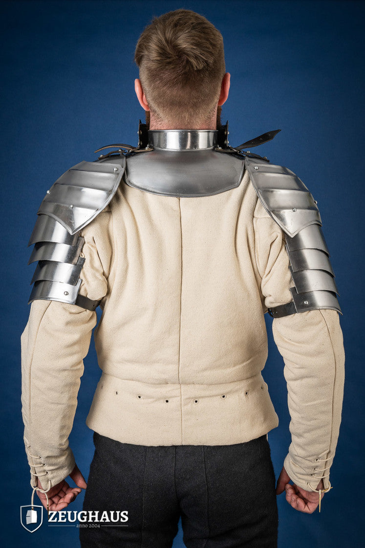 15th Century Pauldrons with Besagew, polished steel, featuring rosette-shaped hover discs and leather straps for secure fit.