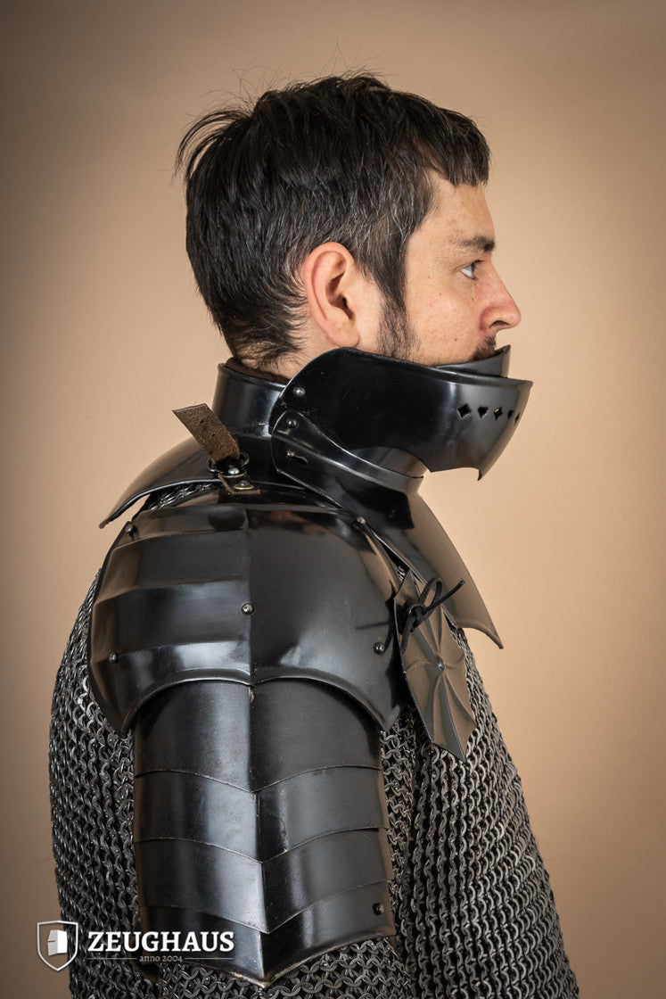 15th Century Pauldrons with Besagew, crafted from burnished steel with rosette-shaped hover discs for armpit protection.