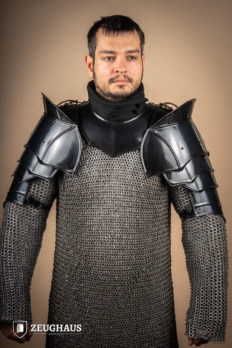 Pauldrons with Bladebreakers Champion Burnished showcasing flexible design, leather straps, and clean craftsmanship.