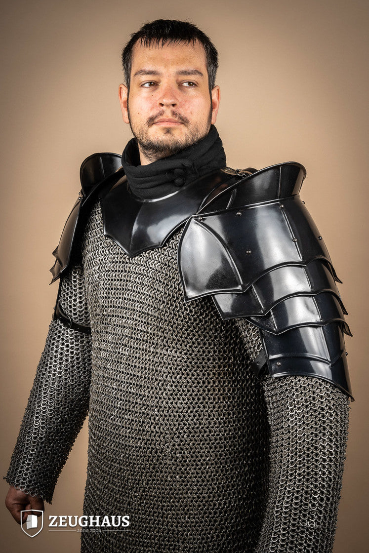 Pauldrons with Bladebreakers Champion Burnished showcasing flexible design, leather straps, and clean craftsmanship.