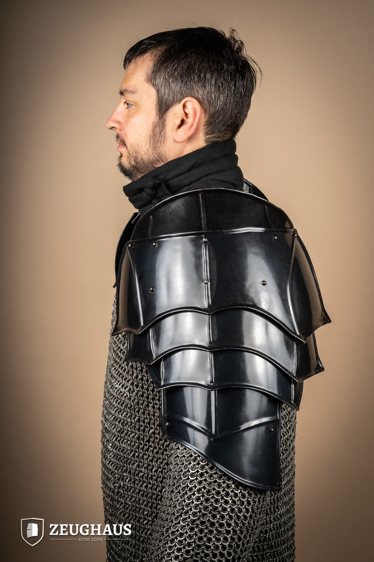 Pauldrons with Bladebreakers Champion Burnished showcasing flexible design, leather straps, and clean craftsmanship.