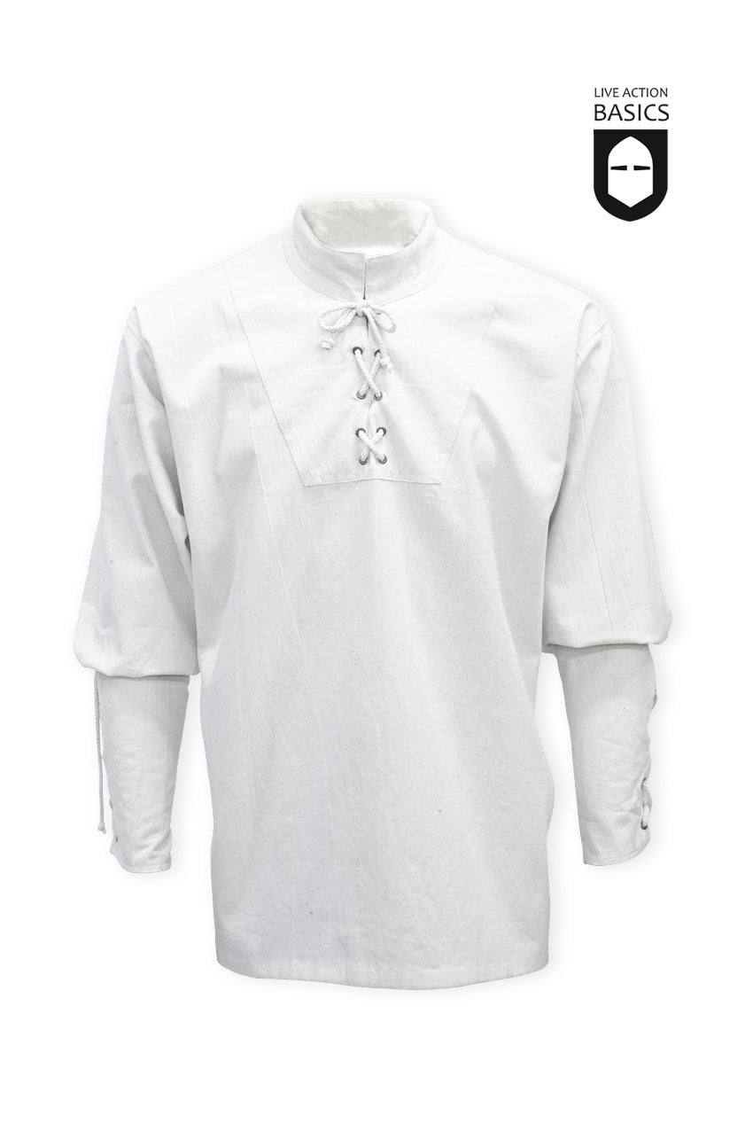 A stylish Pirate Shirt Natural featuring a standing collar, front lacing with rustic ringlets, and high-sleeve cuffs with lacing details, made from 100% cotton.