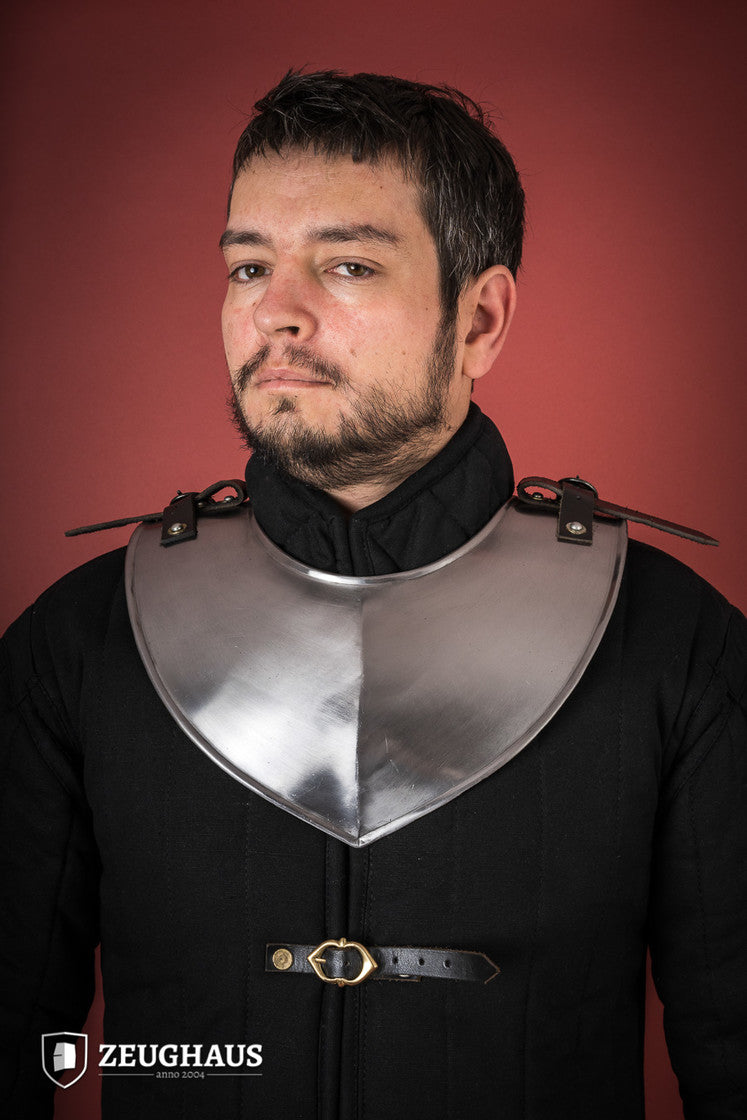 Pointed Gorget Polished, an armored collar with crimped edges and leather straps, designed for safety and style.