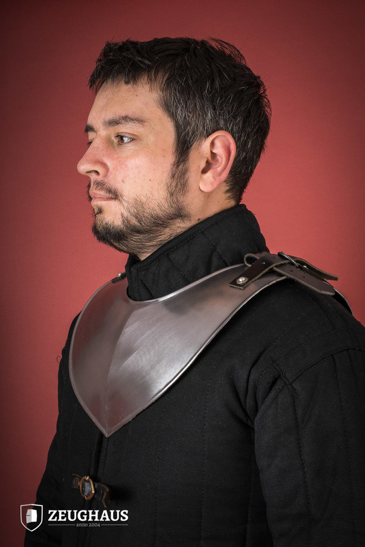 Pointed Gorget Polished, an armored collar with crimped edges and leather straps, designed for safety and style.