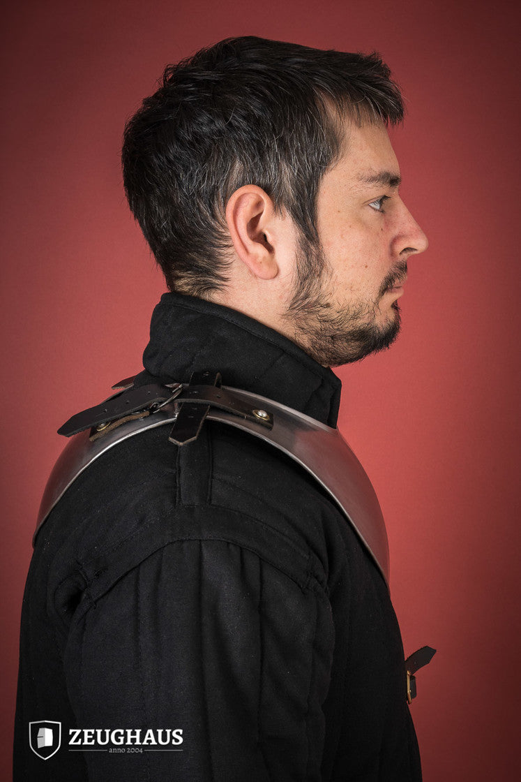 Pointed Gorget Polished, an armored collar with crimped edges and leather straps, designed for safety and style.