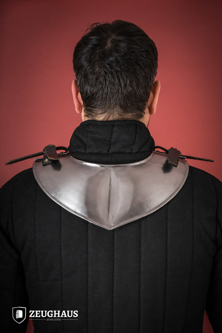 Pointed Gorget Polished, an armored collar with crimped edges and leather straps, designed for safety and style.